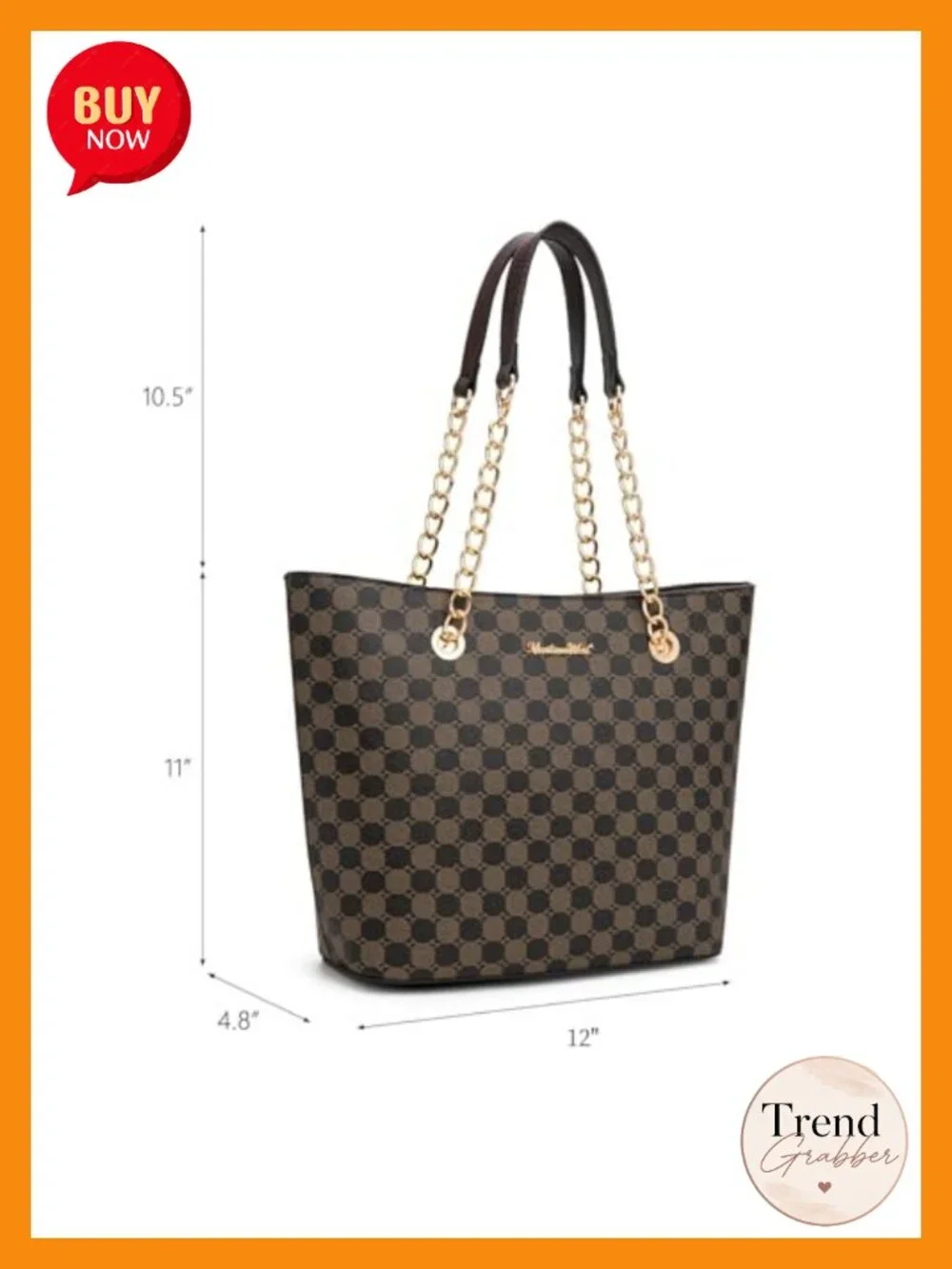 Faux Leather Tote Bag with Gold Chain Top Handle & Zipper